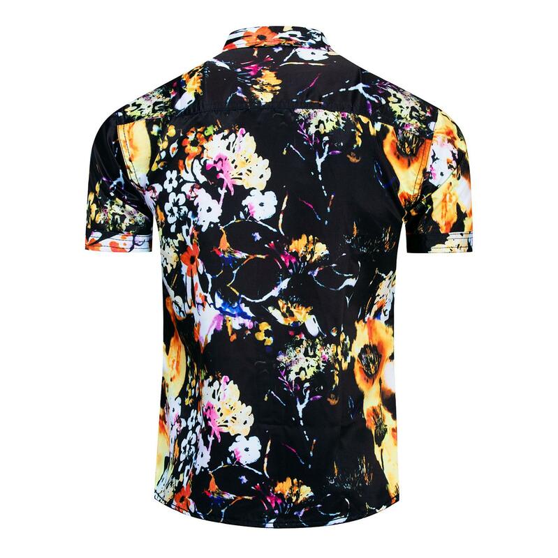 Masculino Impressão Floral Turn-Down Collar Mangas Curtas Camisas de Algodão do Outono do Verão Camisas de Férias Casual Soltos Camisas Nova D210