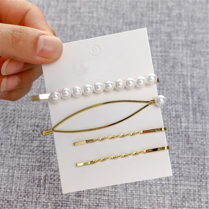 Pearl Hair Pins 4Pcs Exquisite Metal Hair Clips For Women Girls Popular Geometric Hair Barrette Stick Hair Styling Accessories