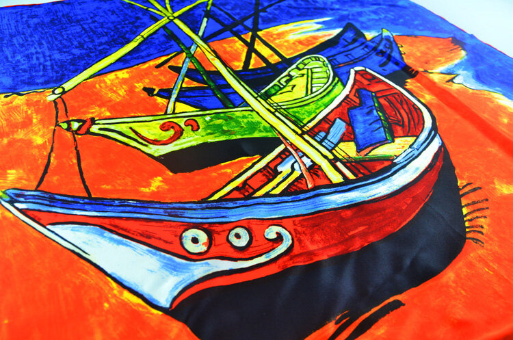 Bufanda cuadrada de satén de seda 100% para mujer, chal de alta calidad con estampado Desigual, pintura al óleo de barco, 90x90cm
