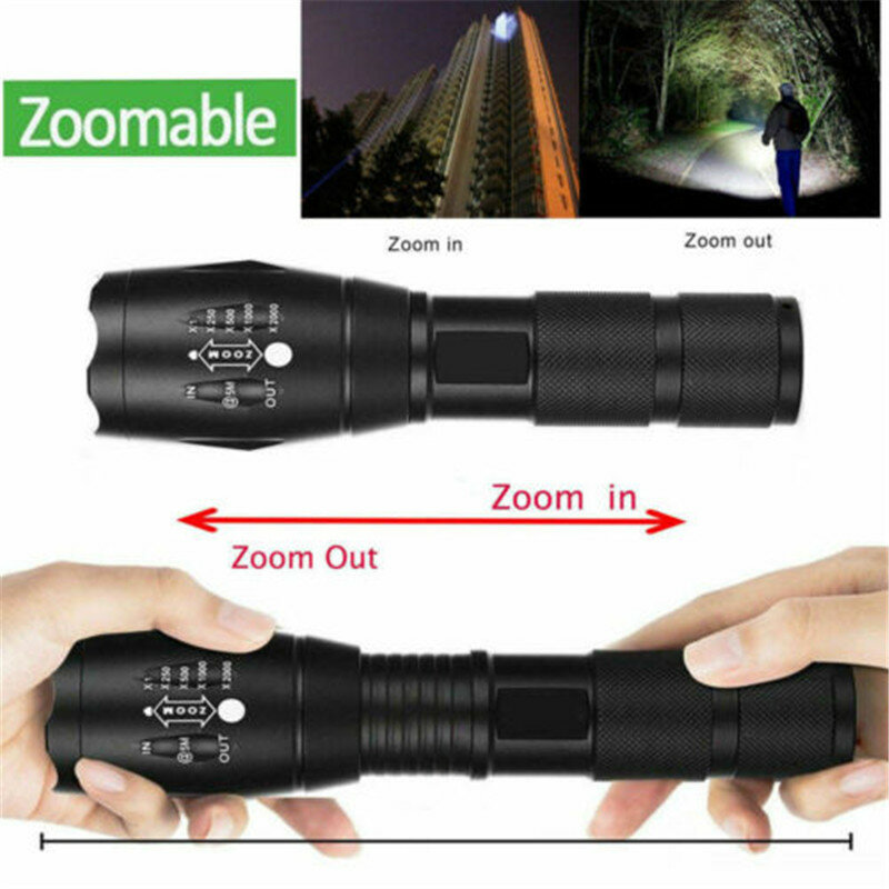 Outdoor Police LED Flashlight Tactical 50000LM Tactical LED T6 Zoomable Torch Lamp 5 Modes AAA