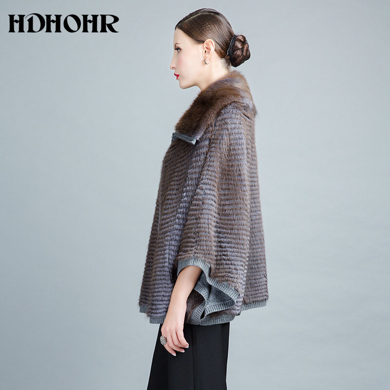 HDHOHR 2022 Knitting Mink Fur Coat Women Lapel Bat Sleeves High Quality Winter Fashion Real Mink Fur Coats Large Size Fur Jacket