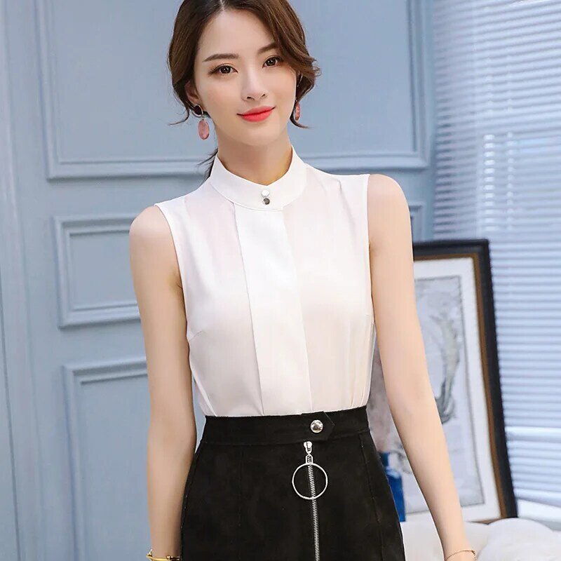 Sleeveless Beiläufiges Chiffon-Bluse Sommer 2020 Koreanische Weiß Rot Shirt Frauen Kleidung Streetwear Dünnes Hemd Elegante Damen Tops