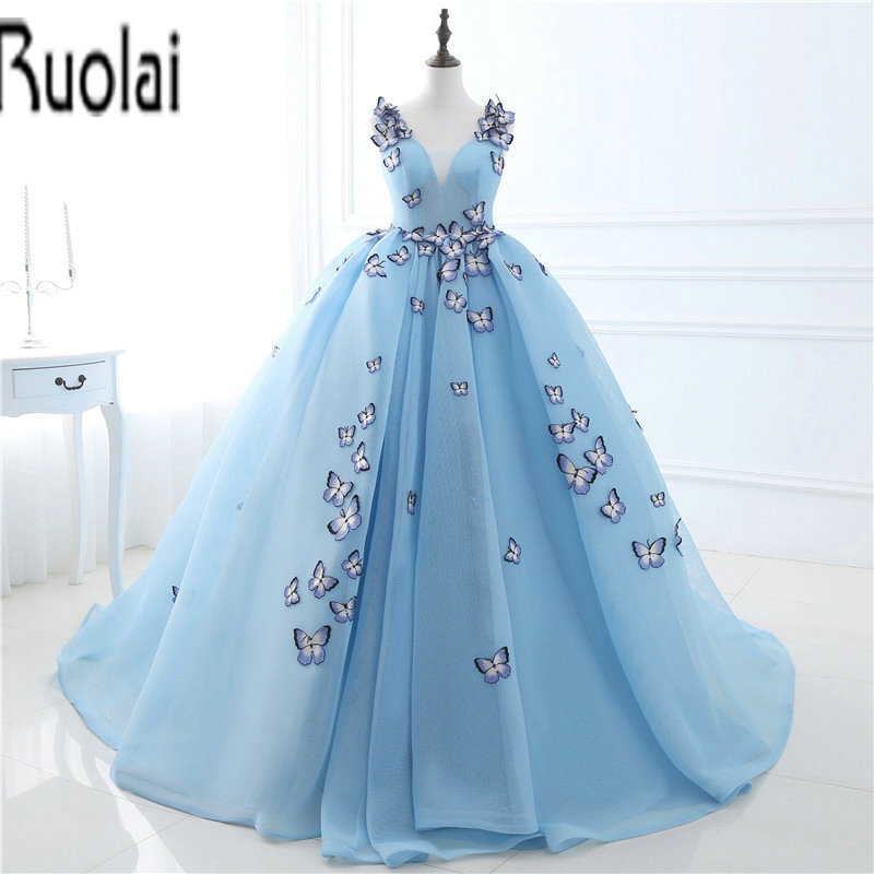 2017 In Stock New Arrival Beautiful V-Neck Appliques Sleeveless Tulle Ball Gown Formal Prom Dresses Long Dresses Lace Up Back