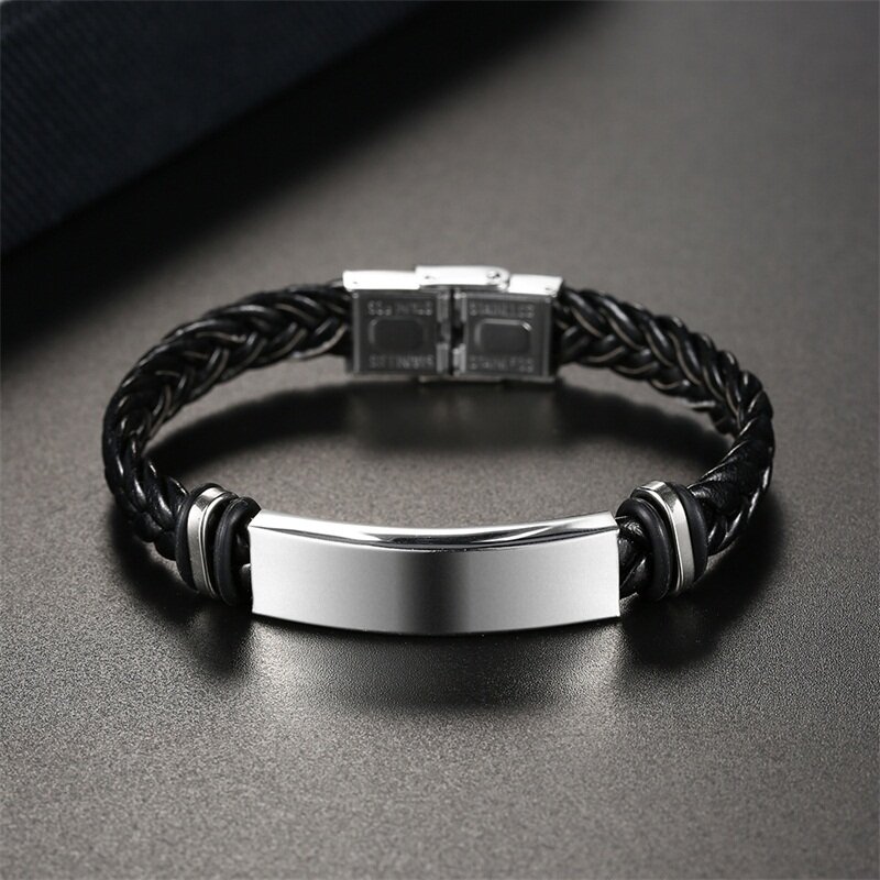 AZIZ BEKKAOUI Engrave Name Black Braid Woven Leather Bracelet Stainless Steel Bracelet Men Bangle Men Jewelry Vintage Gift