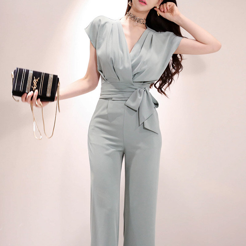 Женский комплект из топа без рукавов и длинных брюк, офисный костюм из двух предметов, с V-образным вырезом и широкими штанинами, лето 2021