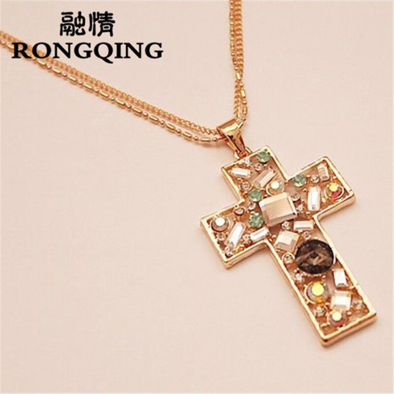 RONGQING-Colgante de cruz con diamantes de imitación para mujer, cadena de suéter, collar largo cruzado, joyería de moda