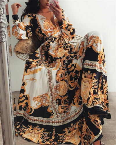 Женское длинное платье с запахом в стиле бохо, праздничный Сарафан Макси свободного кроя с цветочным принтом, V-образным вырезом и длинным р...