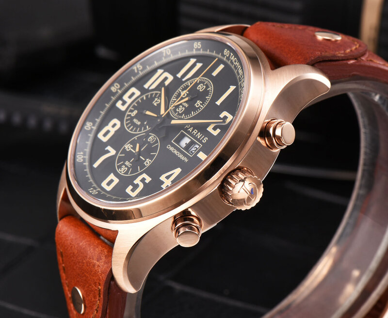43mm Parnis นาฬิกาควอตซ์แบบอนาล็อก Chronograph Datejust นักบินทหารนาฬิกาดำน้ำ 100 m กันน้ำ PA6052