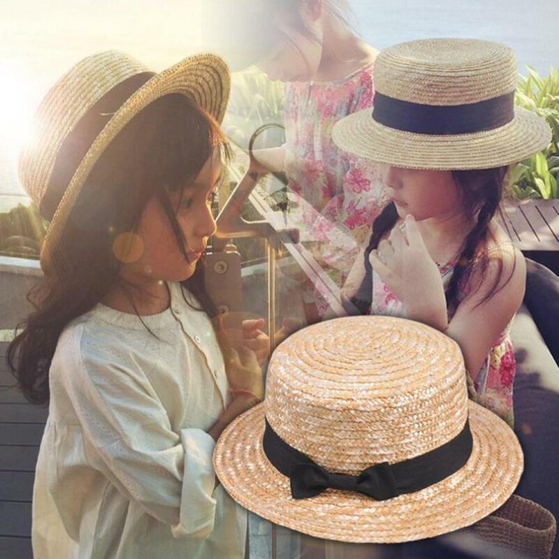 Chapeau de paille avec nœud papillon pour filles, chapeau de soleil pour enfants, Large bord de plage, bateau d'été, ruban de plage rond plat, chapeau fedora 54CM