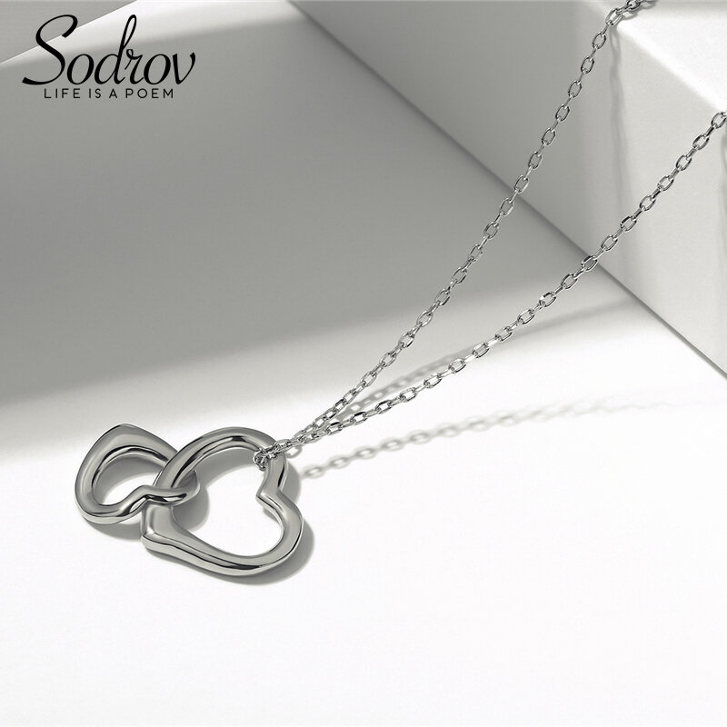 Sodrov Genuine 925 Sterling Silver Necklace Double Heart Pendant For Women Love Silver 925 Jewelry 925 Silver Necklace