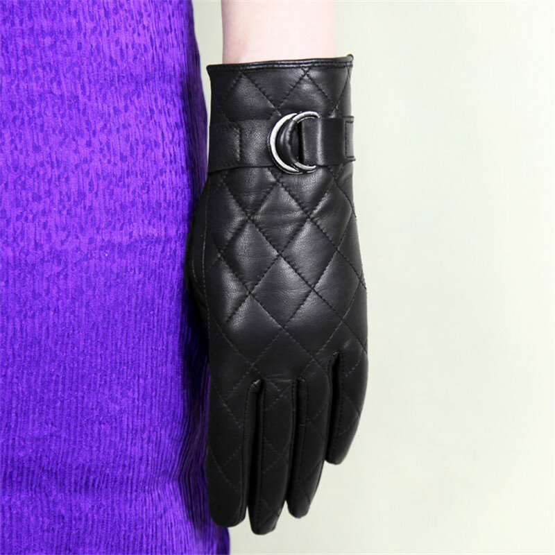 Genuine Leather Gloves Female Black Sheepskin Gloves Autumn Winter Plus Velvet Thicken Diamond Style Woman's Gloves DQ103L