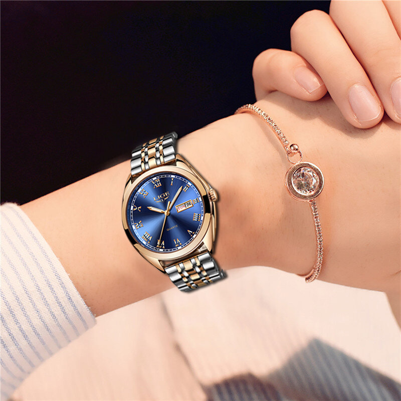 LIGE-reloj de cuarzo de oro rosa para mujer, nuevo accesorio de marca superior de lujo, de pulsera, para negocios, 2022