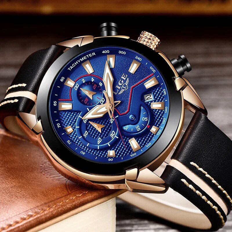Reloje LIGE marka męski chronograf analogowy kwarcowy zegarek z datownikiem, świecące dłonie, wodoodporny skórzany pasek na rękę dla mężczyzny