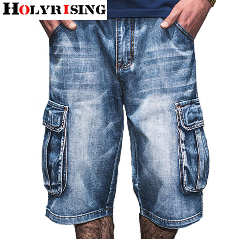 Holyrising ฤดูร้อนกางเกงยีนส์ชายที่มีปัญหา Jean กระเป๋า Streetwear ซิปกางเกงยีนส์ Man-ความยาว Blue Denim กางเกง Plus Size 30-46