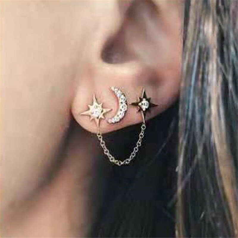 Timlee E305  New Fashion Sweet Lovely Star Moon Chain Rhinestone Alloy Drop Earring Personality Originality Jewelry wholesale