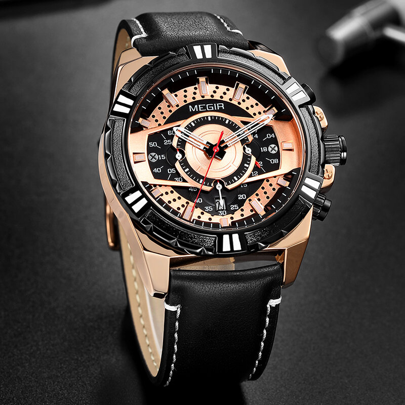 Megir relógio masculino pulseira de couro do exército esportes relógios casuais à prova dwaterproof água luminosa quartzo relógios de pulso