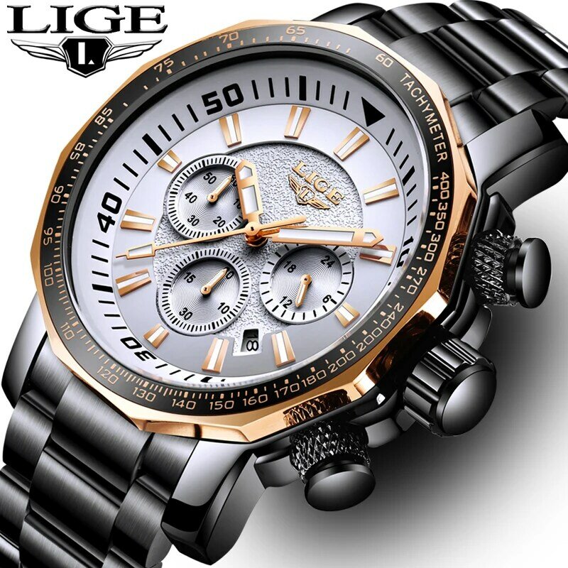 Часы наручные LIGE Мужские кварцевые, роскошные Брендовые спортивные полностью стальные водонепроницаемые в стиле милитари, повседневные