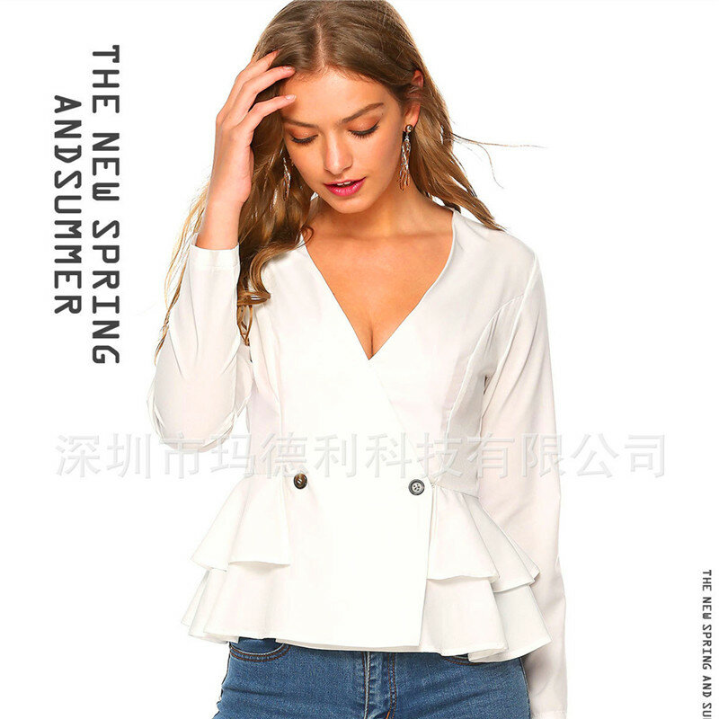 2019 Ruches Vrouwen Blouses Casual Vrouwen Shirts Wit V-hals Vrouwen Tops Draagbare Zoete Blouses