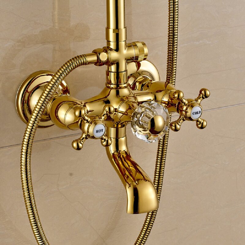 Antique Gold Brass Faucet Bathroom Shower Suit European Rain Head Retro Wall Mounted Shower Set Brass Bathroom Accessories Set