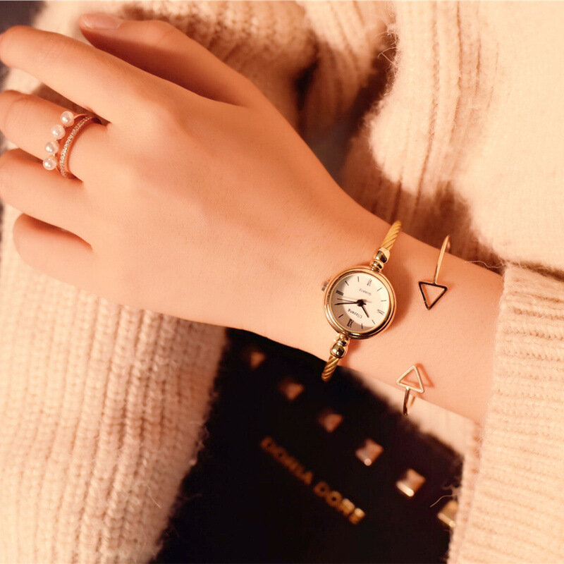 Роскошный Модный золотой браслет женские часы из нержавеющей стали Ретро Дамские Кварцевые наручные часы Ulzzang брендовые маленькие часы
