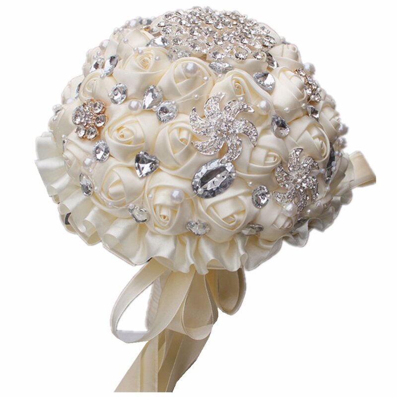 Broche de crema de marfil, ramo de boda de poliéster, ramos de boda, flores de perlas, oferta, PL001