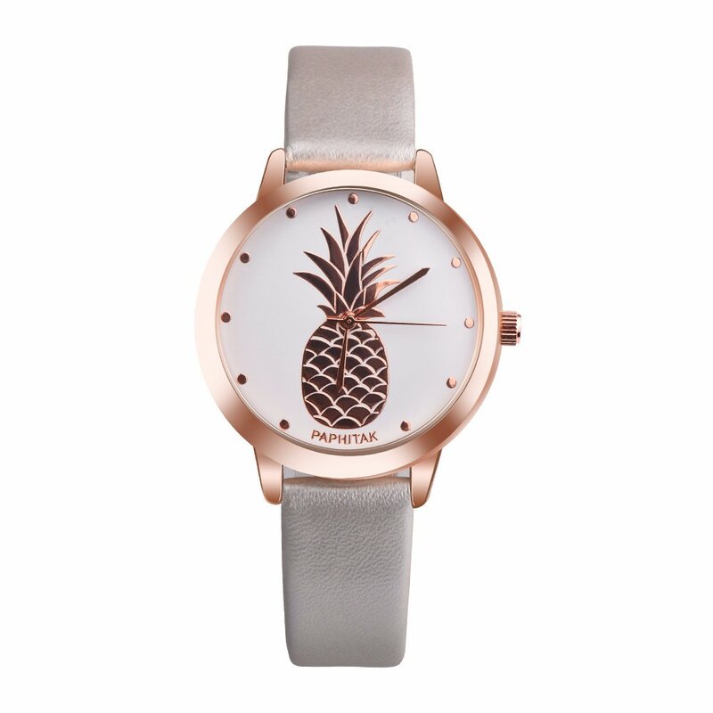 Relógio de quartzo unissex, relógio redondo de abacaxi para mulheres vestido e couro