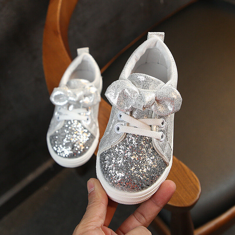 Tênis infantis de couro com glitter, sapatos esportivos para meninas, para bebês, princesas
