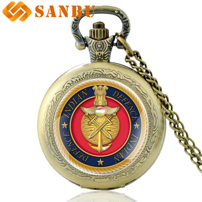 Relógio de bolso bronze united defesa indiano, relógio de quartzo vintage de bolso para homens e mulheres colar de pingente para presente