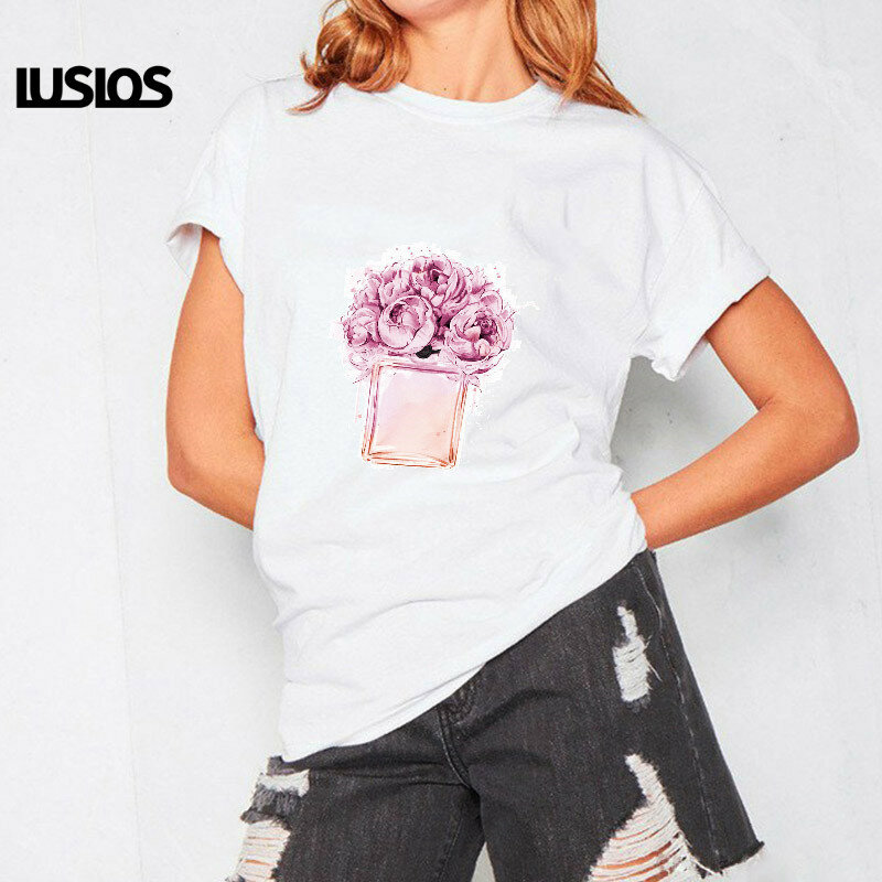 LUSLOS różowy kwiat perfumy drukuj kobiety letnia koszulka z krótkim rękawem dziewczyny śliczne Harajuku Streetwear koszula Homme Super miękka koszulka Top