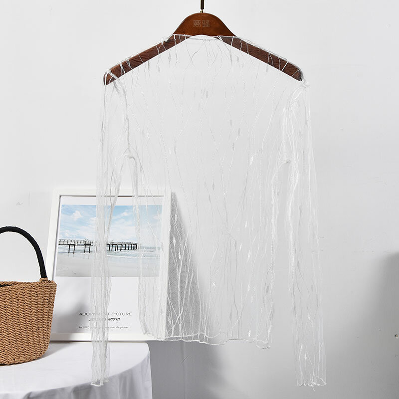 Blusa de malla transparente para primavera y verano, camisa Sexy transparente con agujeros para mujer, 2019