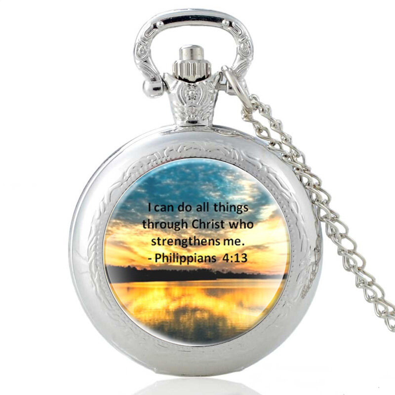 I Can Do All Thing Through Christ Who Strengthens Me Bible Verses Quartz Pocket Watch Vintage Men Necklace Watches