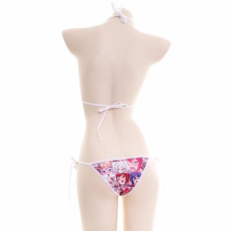 Japonia Anime pokojówka nieśmiała twarz Cosplay wydrukowano seksowne Bikini strój kąpielowy dwuczęściowy kobiety lato zasznurować podział Halter strój kąpielowy zestaw