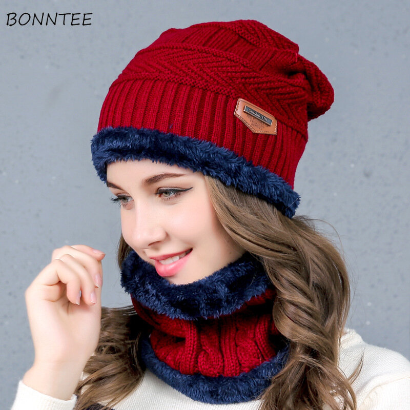 スカーフと帽子セット女性固体シンプルな流行ニットプラスベルベットウール暖かい帽子韓国スタイルレディースソフト厚く暖かいリングスカーフ