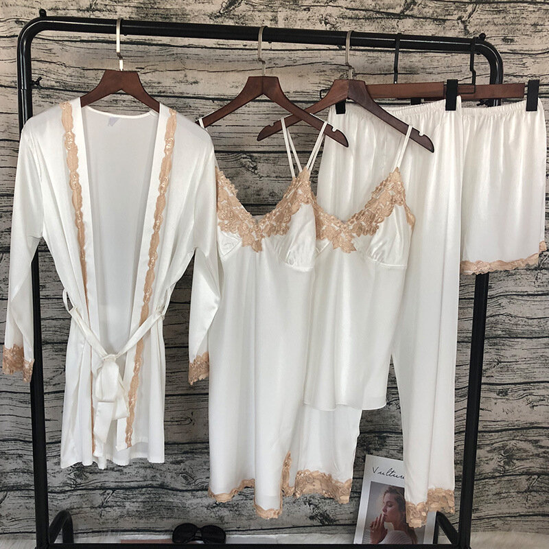 2018 kobiet satynowa bielizna nocna 5 sztuk piżamy seksowne koronkowe piżamy Sleep Lounge Pijama jedwabna noc odzież domowa piżama garnitur