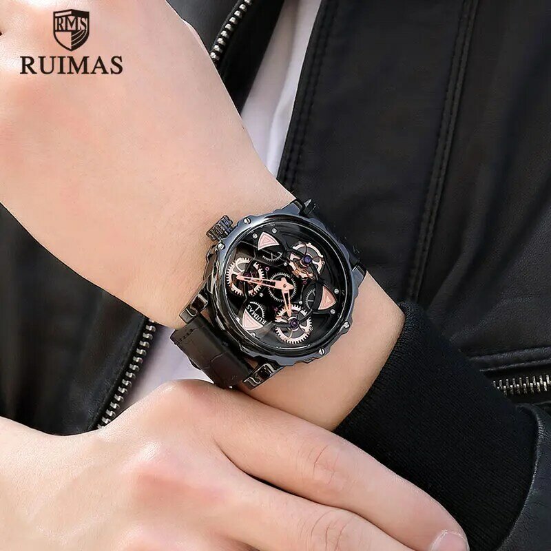 RUIMAS-ساعة يد جلدية سوداء إبداعية للرجال ، سوار دوار للرجال