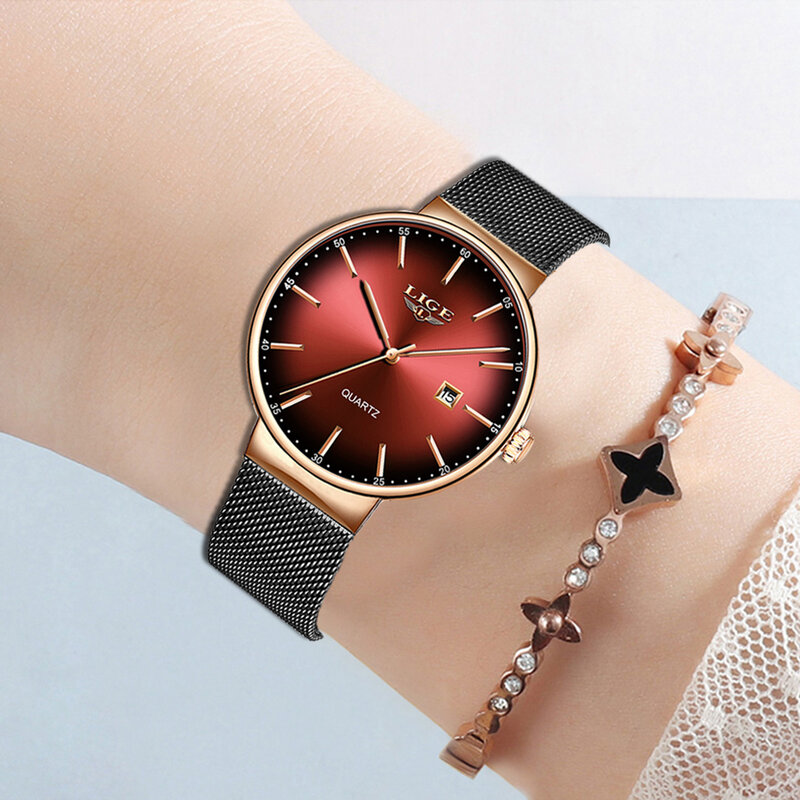 Ultra delgado reloj de señoras de la marca de lujo de las mujeres relojes impermeable de oro rosa de acero inoxidable de cuarzo calendario reloj montre femme