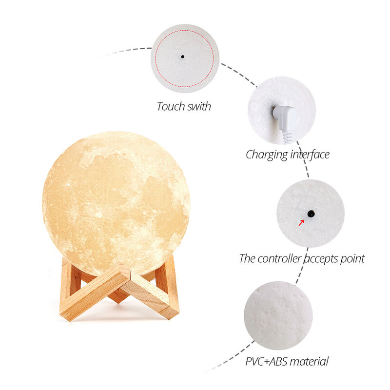 Foxanon Touch Sensorโคมไฟข้างเตียงUSB 3Dพิมพ์ดวงจันทร์โคมไฟโคมไฟห้องนอนโรแมนติกโคมไฟ 2/16 เปลี่ยนสีบ้านdecor