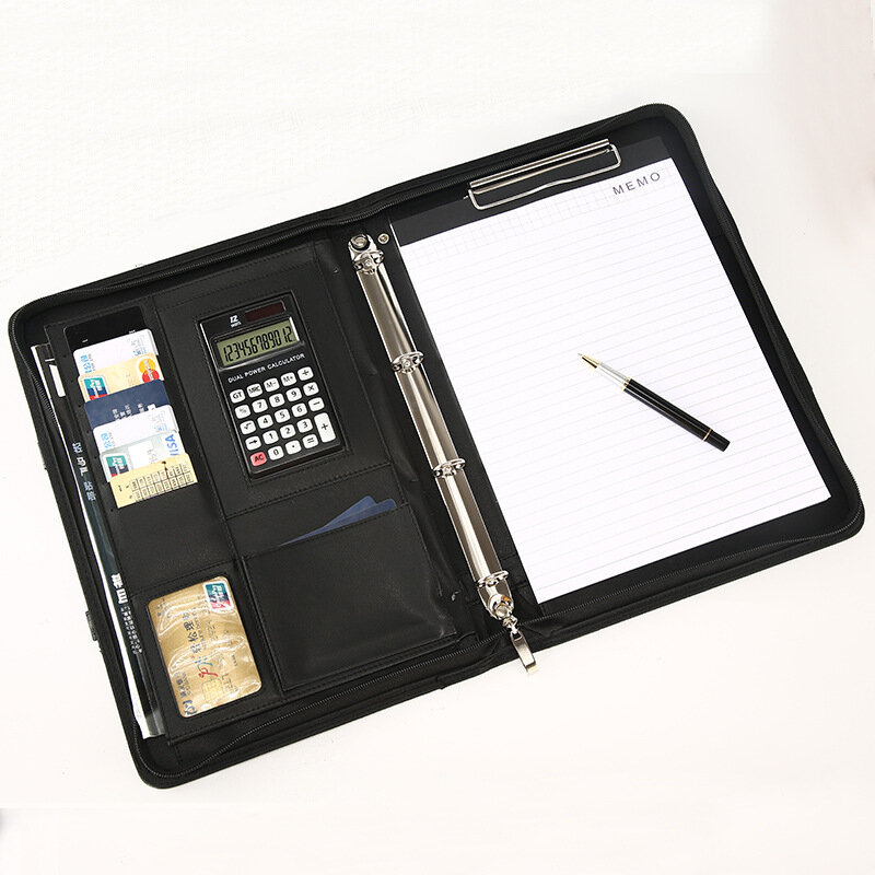 Carpeta portátil de cuero PU A4, organizador de documentos de oficina grande, maletín con calculadora, productos para limar