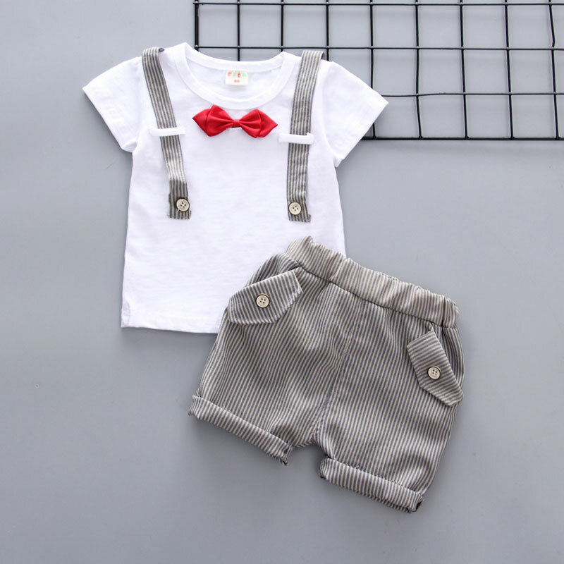 Детская Хлопковая летняя одежда для маленьких мальчиков; детская футболка с галстуком; шорты; 2 шт./компл.; Модная одежда для малышей; Одежда ...