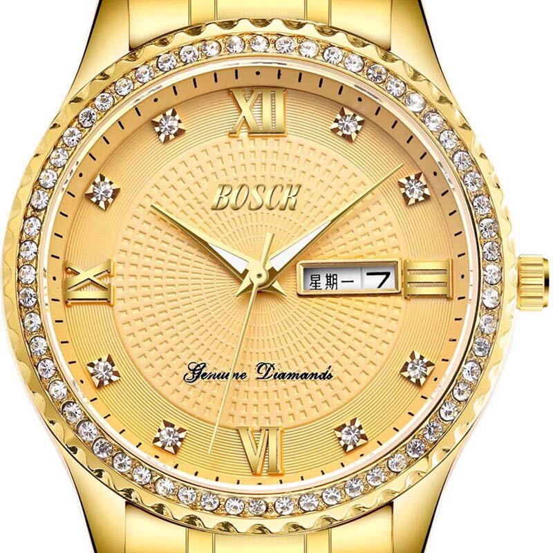 Reloj de pulsera luminoso para hombre, cronógrafo de cuarzo, dorado, con diamantes de imitación, de acero, 2020