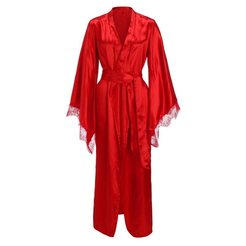Camisola feminina renda cetim, robe longo lingerie sexy kimono, nova moda verão 2019