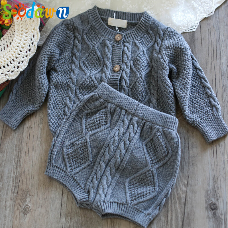 Sodawn Autumn Winter New Children Clothing Boys Girls Baby Knit Sweater Cardigan + Shorts Suit Baby Clothes Suit