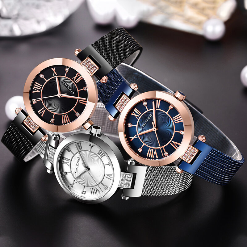 สุภาพสตรีนาฬิกาแฟชั่นสำหรับผู้หญิงนาฬิกา2020นาฬิกาสุดหรู Minimalist Elegant ตาข่ายคริสตัลหญิง Zegarek Damski MINI FOCUS