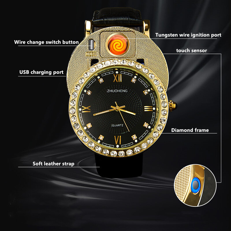 Relógio acendedor de cigarros relógio masculino de quartzo usb recarregável ponteiro de diamante relógio de pulso casual para homens 1 peça