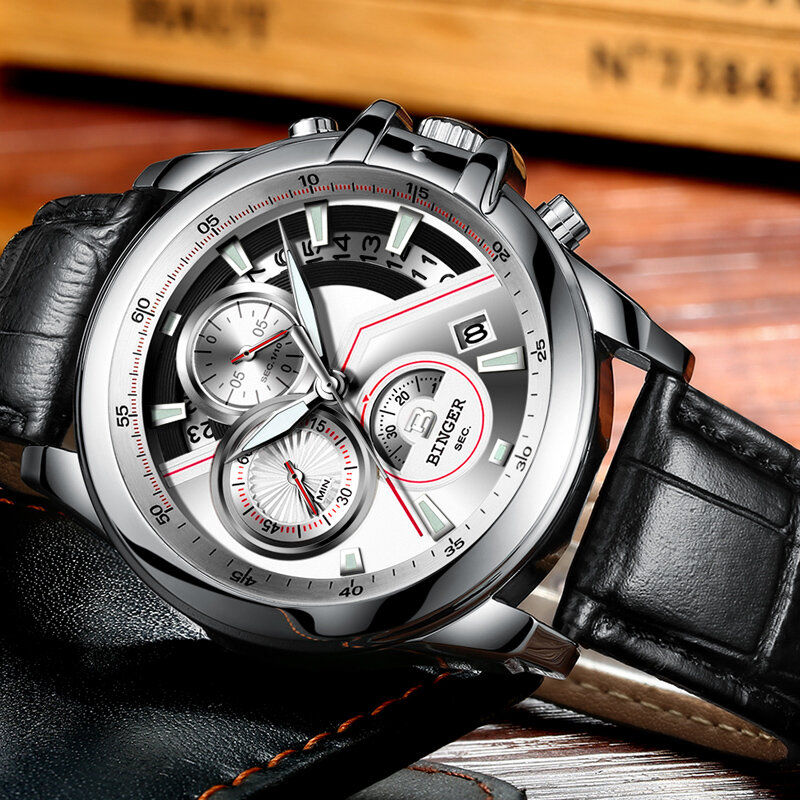 Orologio militare di fascia alta svizzera BINGER orologio al quarzo calendario da uomo cronografo zaffiro cinturino in pelle luminosa HD Montre homme
