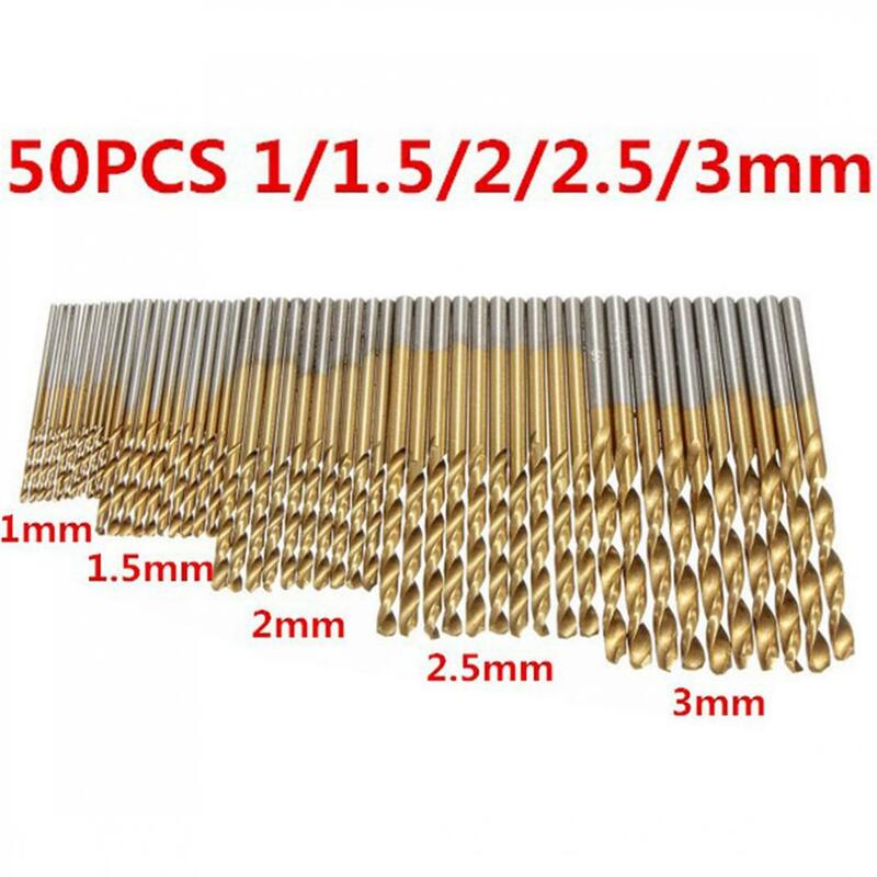 Brocas de acero de alta velocidad con revestimiento de titanio, HSS, 1/1,5/2/2,5/3mm, 50 unids/lote