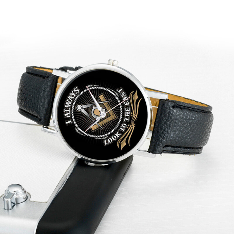 Klassieke Mode Vrijmetselaars Logo Quartz Horloge Retro Mannen Vrouwen Ik Altijd Kijken Naar Oost Armband Zwart Leer Toevallige Horloge