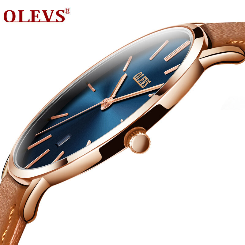 OLEVS – montre-bracelet en cuir véritable pour hommes, marque de luxe, Quartz, minimaliste, ultra mince, étanche, haute qualité