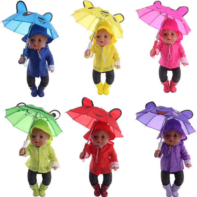 Nova boneca 6 pçs conjunto de chuva = chapéu + camiseta + casaco + calças + sapatos guarda-chuva caber 18 Polegada american & baby born boneca 43cm geração, presente de brinquedo da menina