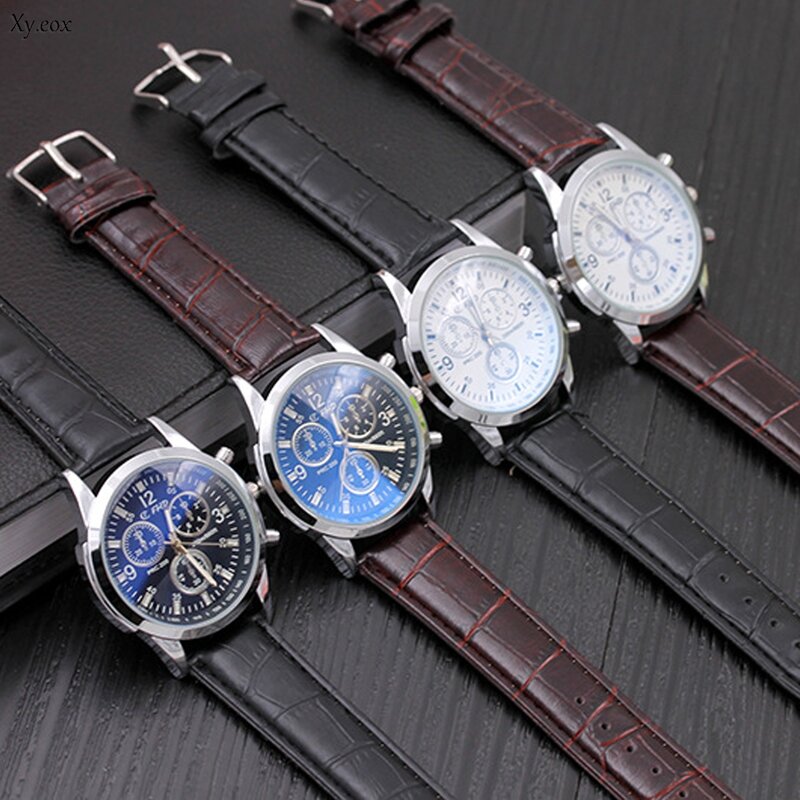Модные Роскошные Мужские кварцевые наручные часы с циферблатом из голубого стекла и кожаным ремешком